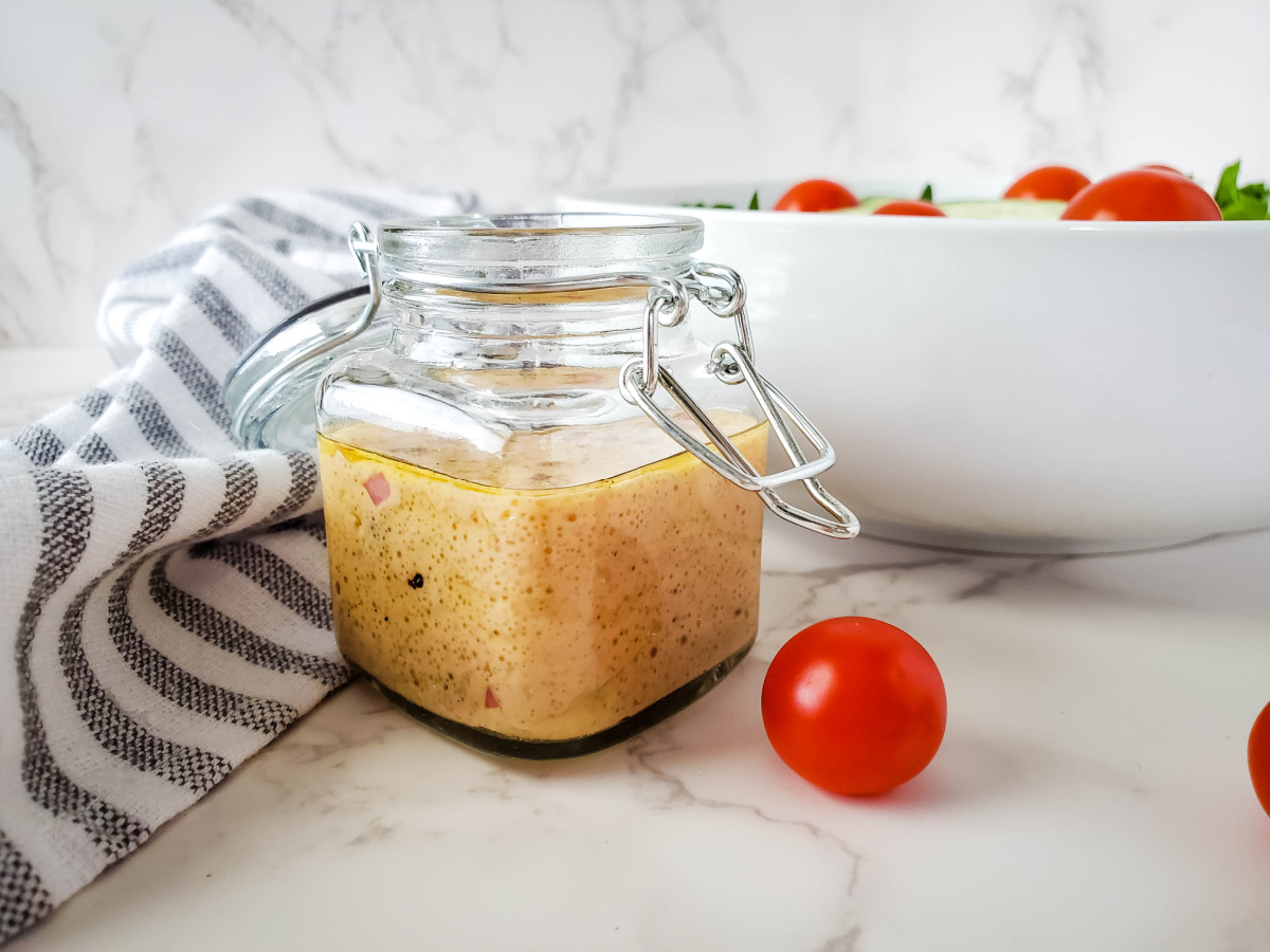 close up of red wine vinaigrette dressing