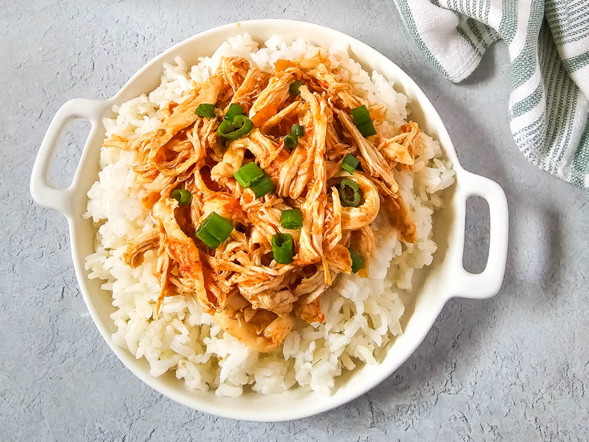 taco chicken over rice on plate