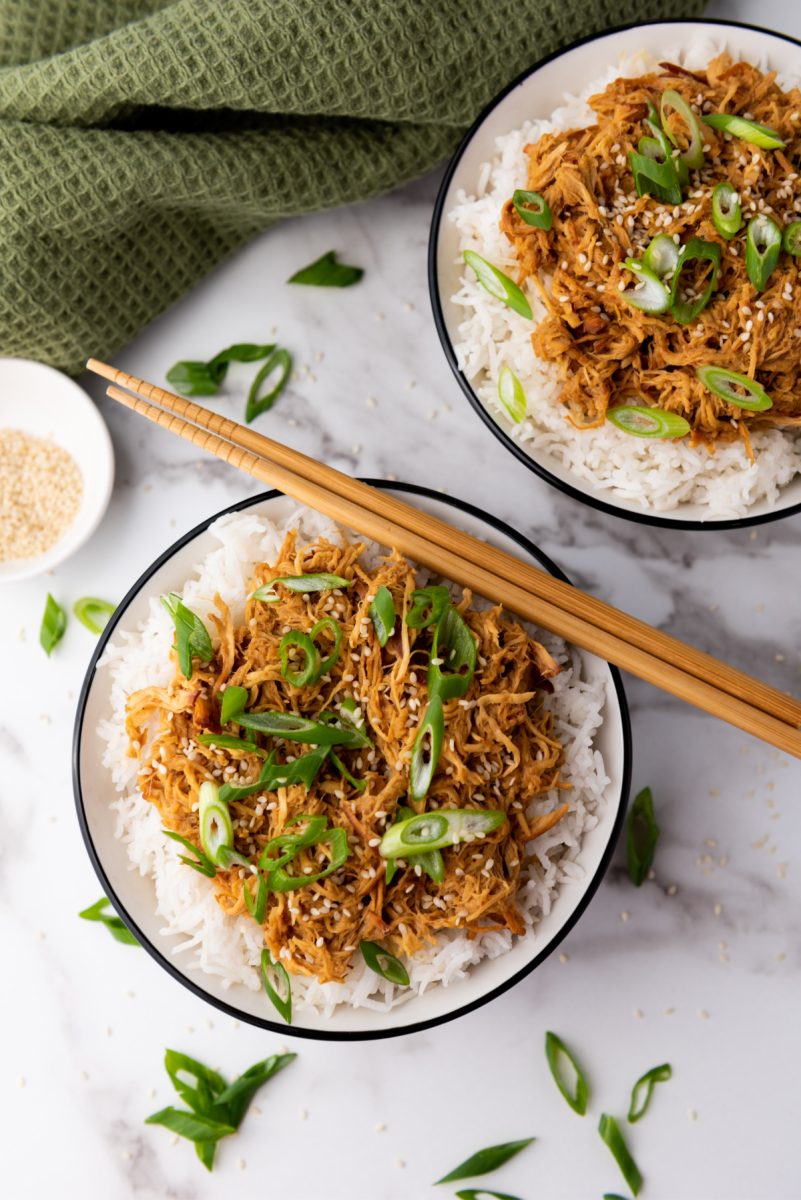 crockpot sesame chicken served with rice