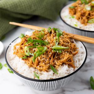 Two bowls of the chicken and rice are placed in the foreground, garnished with sesame seeds and green onions.