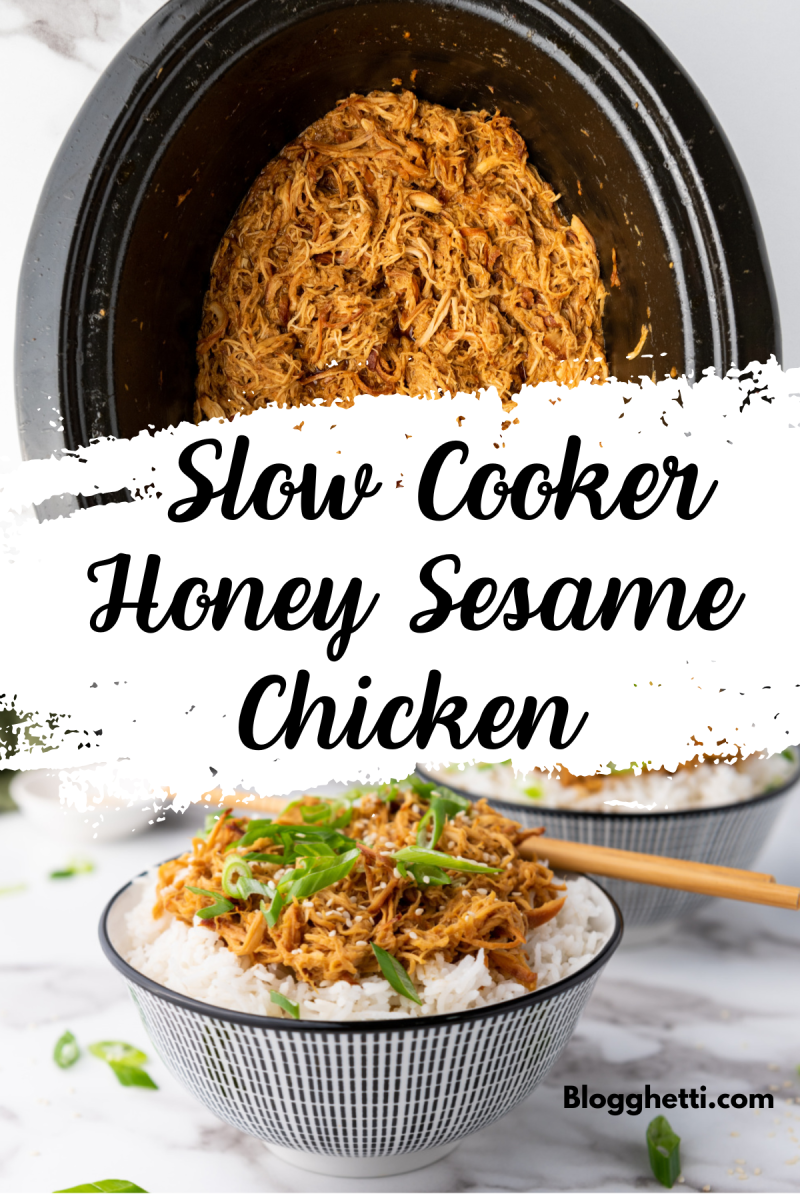 A top-down view of a slow cooker filled with shredded chicken in a golden brown honey sesame sauce. Two bowls of the chicken and rice are placed in the foreground, garnished with sesame seeds and green onions.