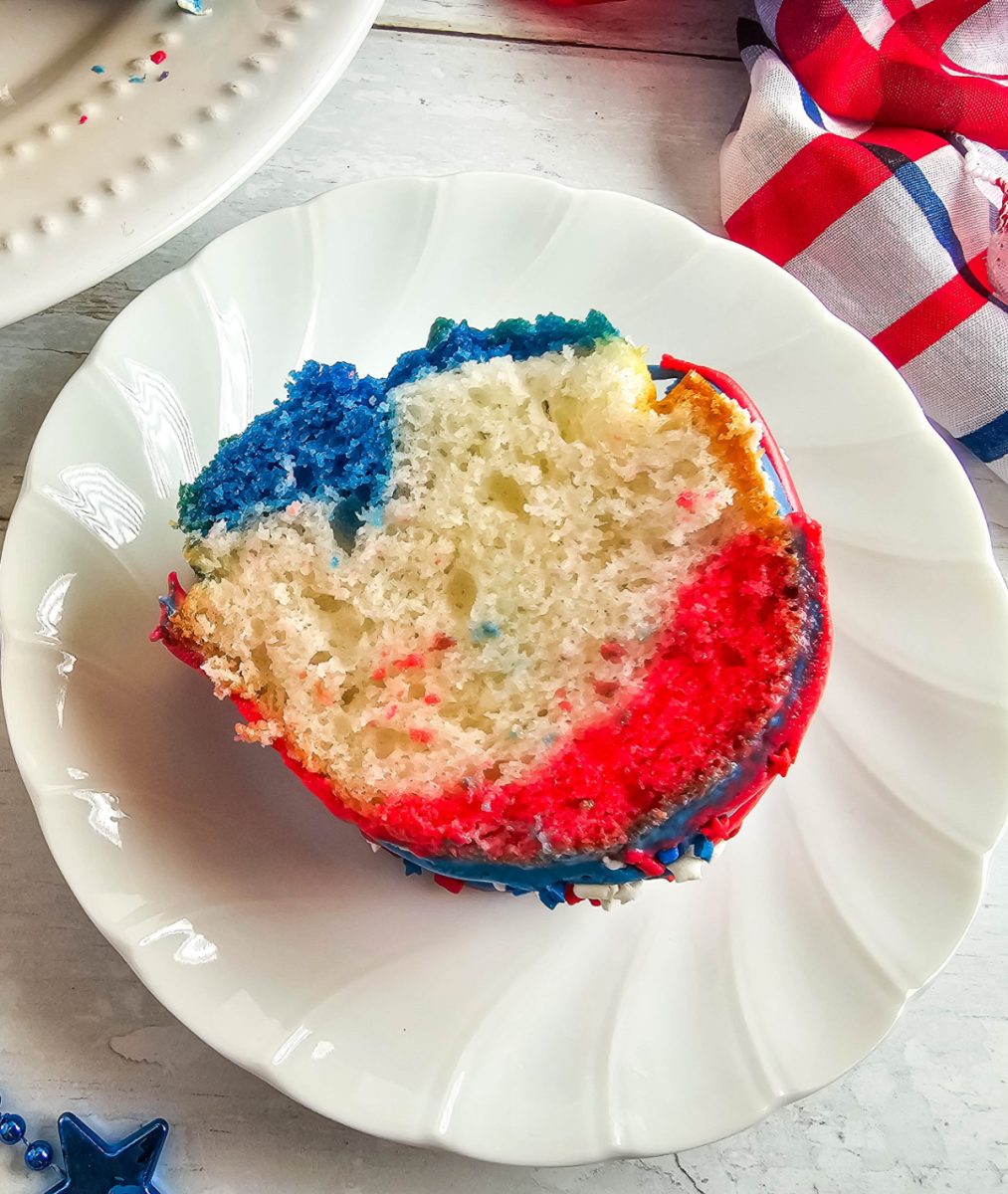 overhead view of red white and blue slice of cake