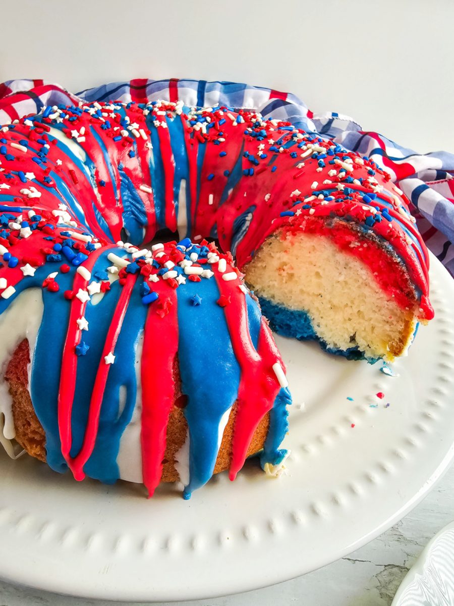 red white and blue bundt cake on platter