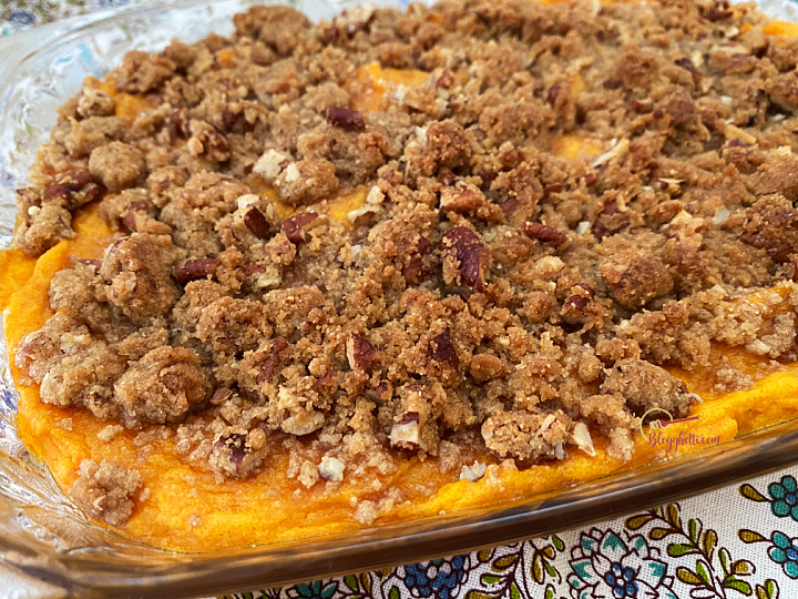 baked sweet potato casserole with pecan brown sugar topping