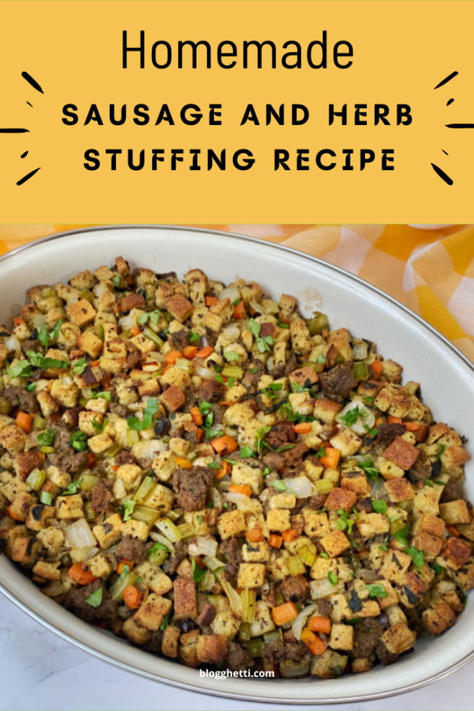 homemade stuffing with sausage and herbs image with text overlay