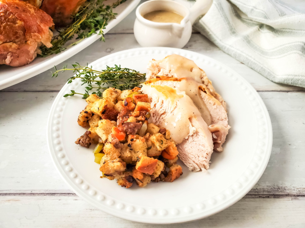 slices of roasted turkey recipe with homemade stuffing