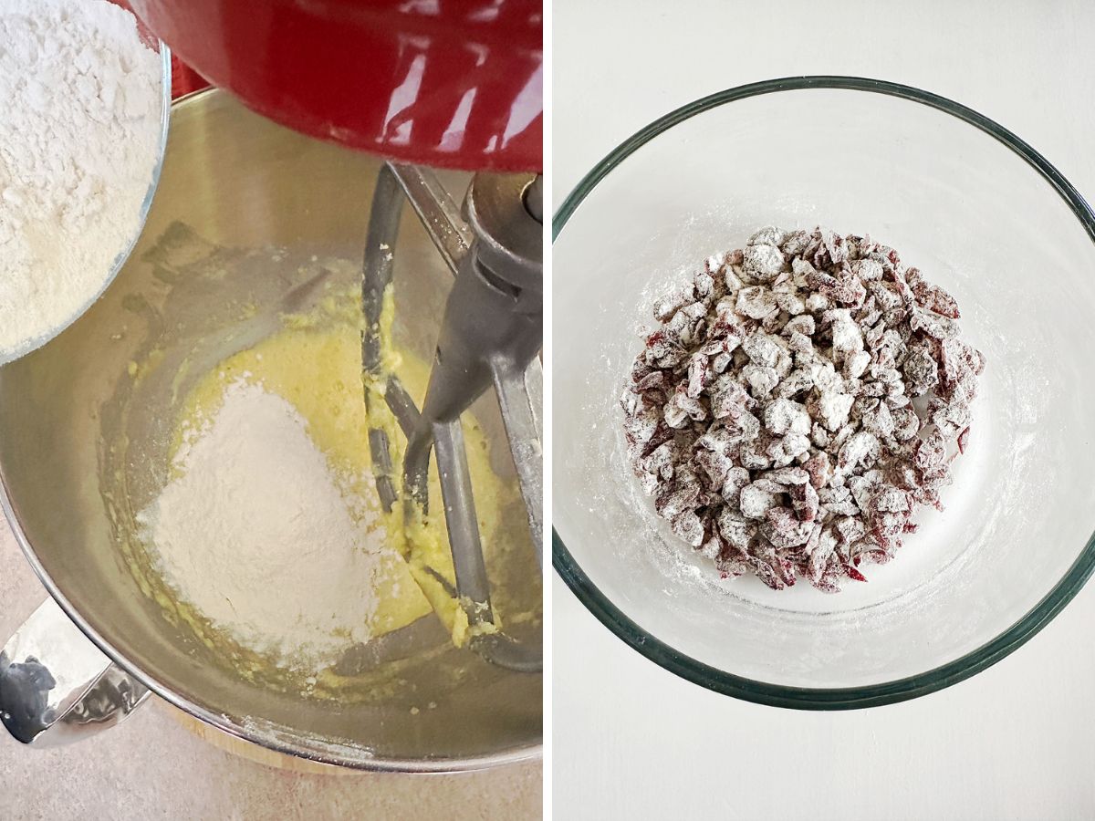A split image showing incorporating dry ingredients. On the left, a bowl of flour is being poured into a red stand mixer bowl containing the wet ingredients. On the right, dried cranberries are coated in a dusting of flour in a clear glass bowl.