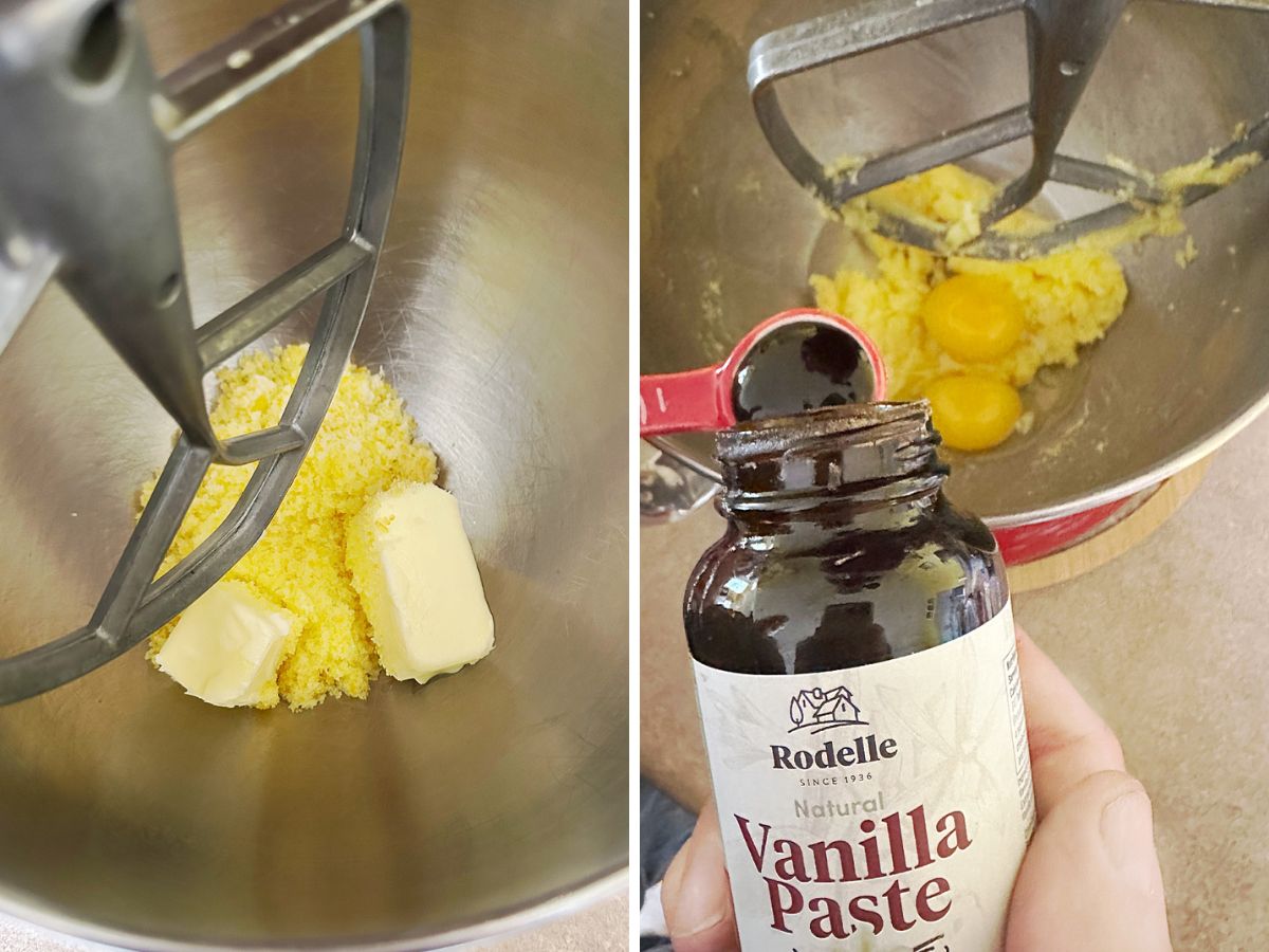 A split image showing adding wet ingredients. On the left, softened butter and sugar are creamed together with a mixer paddle. On the right, two egg yolks and a spoonful of dark brown vanilla paste from a jar are added to the creamed mixture in the metal mixer bowl.A split image showing adding wet ingredients. On the left, softened butter and sugar are creamed together with a mixer paddle. On the right, two egg yolks and a spoonful of dark brown vanilla paste from a jar are added to the creamed mixture in the metal mixer bowl.