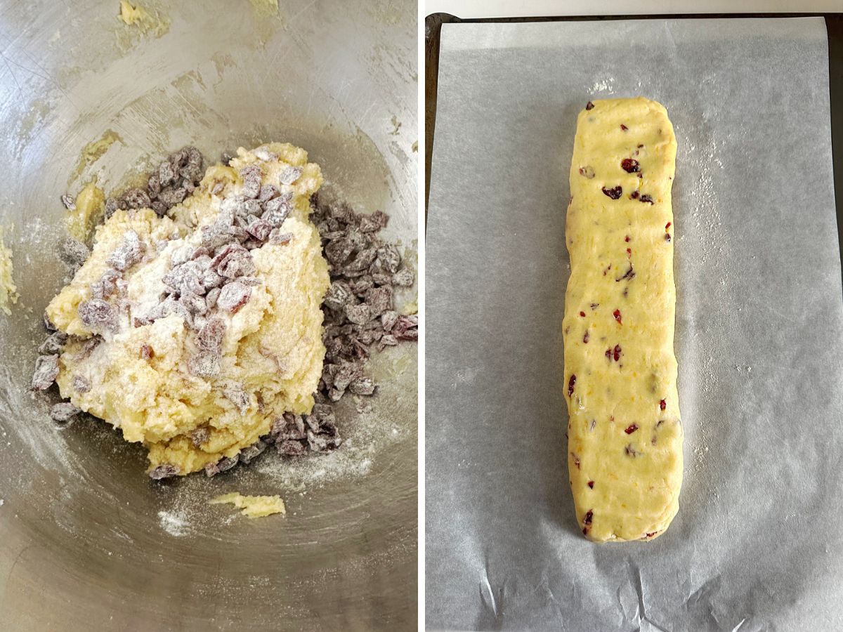 A split image showing final dough prep. On the left, a stiff cookie dough ball is in a metal bowl with dried cranberries and a dusting of flour before mixing. On the right, the dough has been perfectly shaped into a smooth, even log on parchment paper, ready for the first bake.