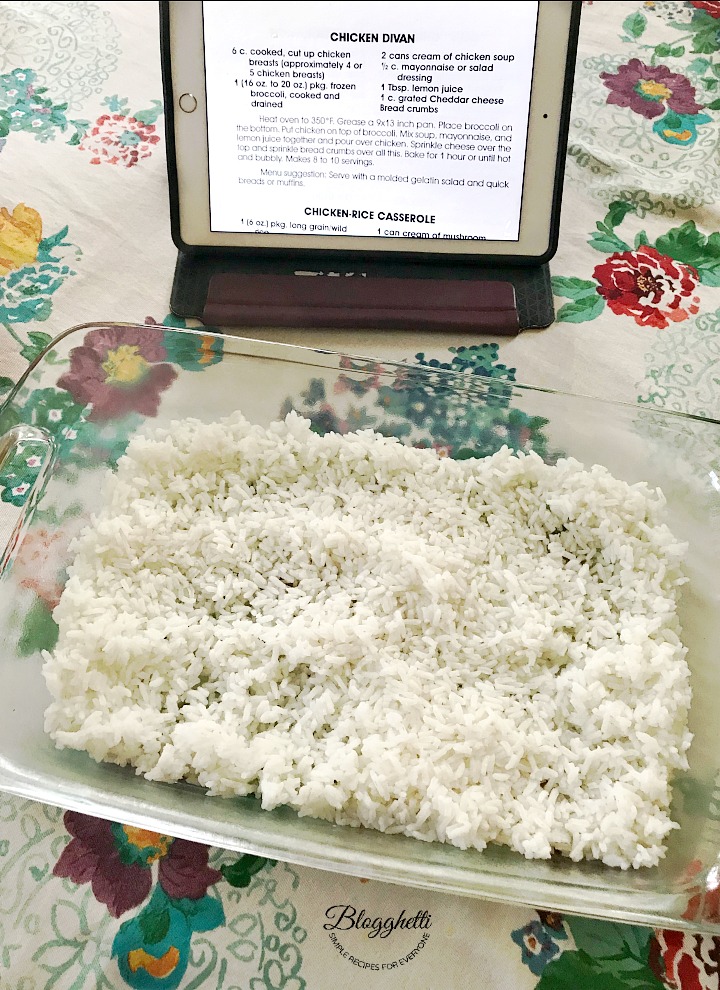adding rice to casserole dish
