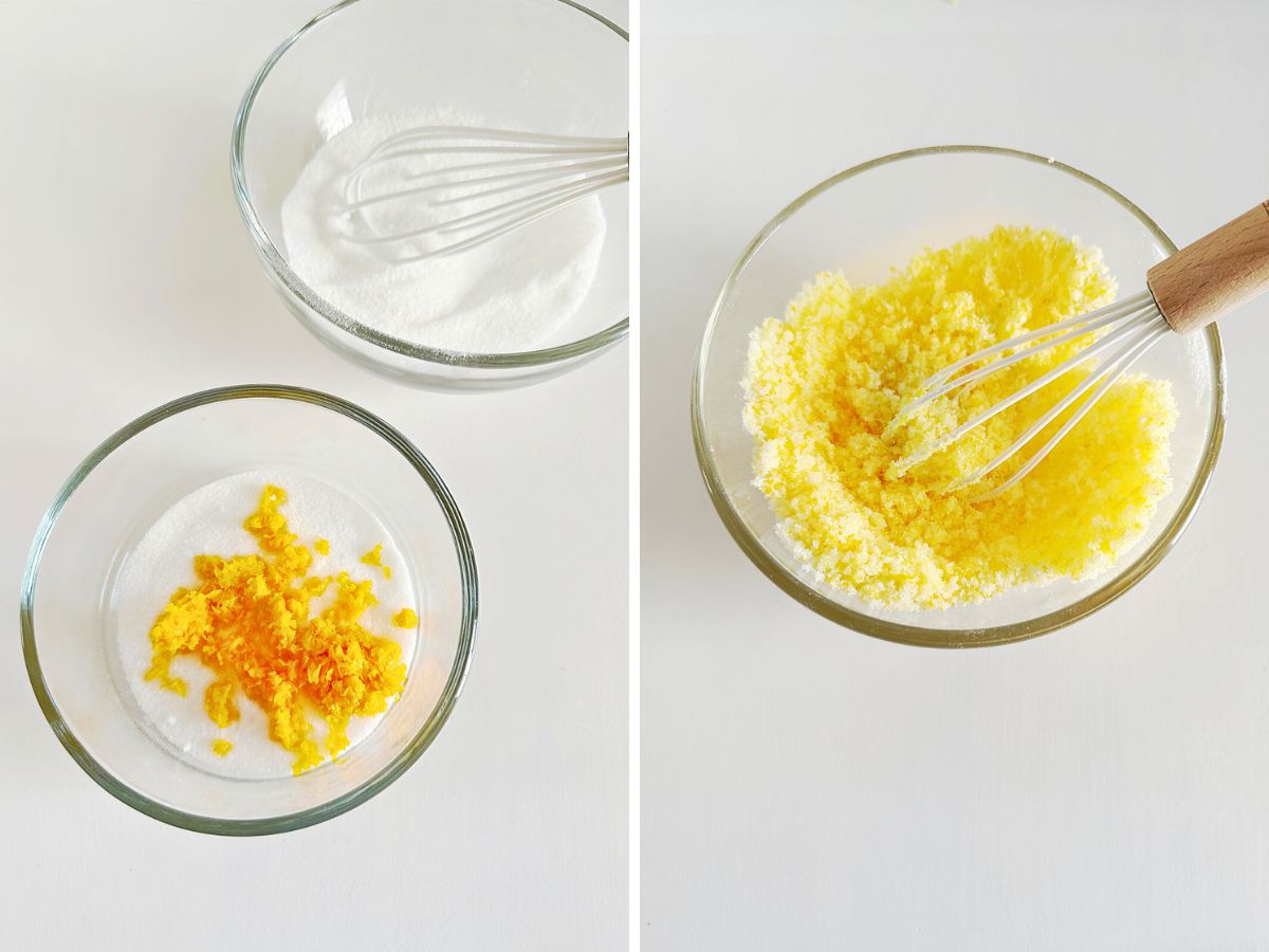A split image showing how to make the orange sugar. On the left, fresh, bright orange zest is mounded on top of granulated sugar in a glass bowl. On the right, the orange zest and sugar have been fully mixed together to create an aromatic yellow sugar, stirred with a small whisk.