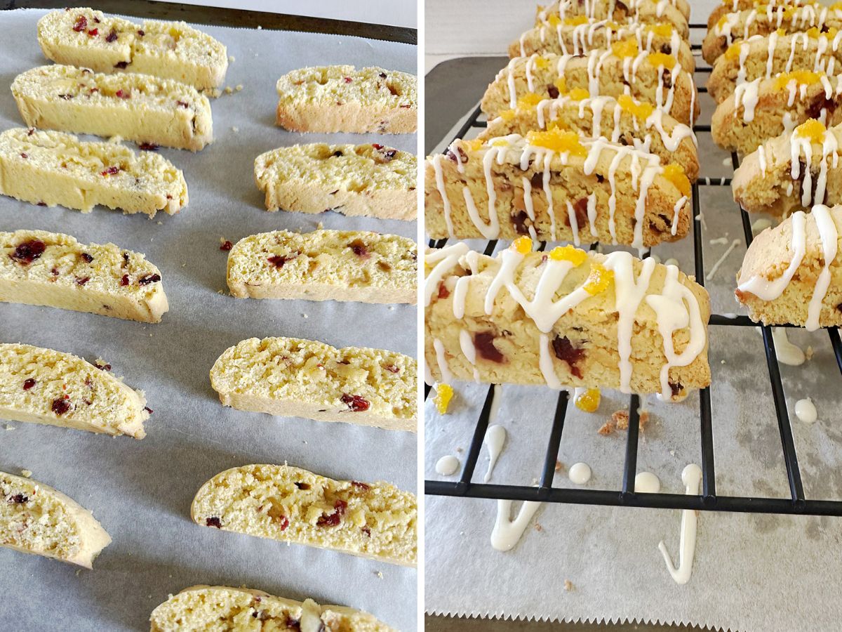 A split image showing the two baking steps. On the left, sliced, raw cranberry orange biscotti are laid flat on a baking sheet before the second bake. On the right, the finished, twice-baked biscotti are drizzled with white chocolate and topped with orange zest sugar, resting on a black wire cooling rack.