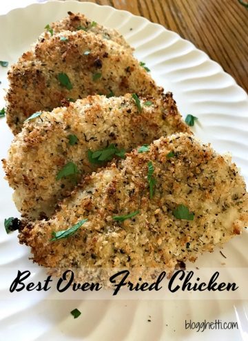 The best oven fried chicken - Crispy seasoned Panko coating on the outside and moist and tender inside. BAKED, not fried which makes clean up a breeze.