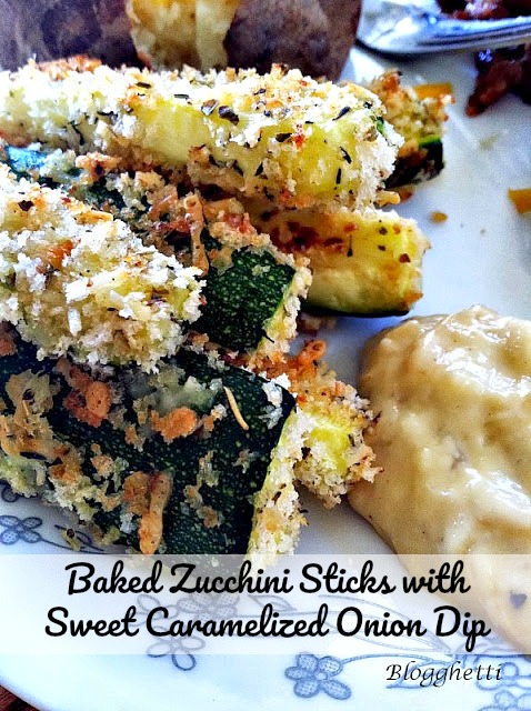 These Oven Baked Zucchini Sticks are coated in Panko breadcrumbs and served with a delicious sweet caramelized onion dip. Perfect appetizer, snack or side dish.