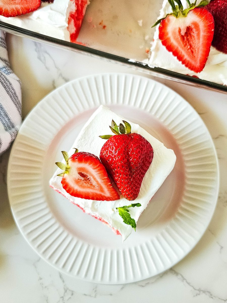 overhead view of cake slice with strawberries