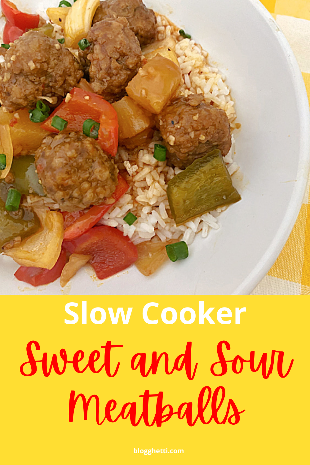 sweet and sour meatballs over rice with text overlay