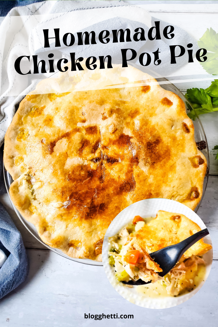 homemade chicken pot pie image with text overlay