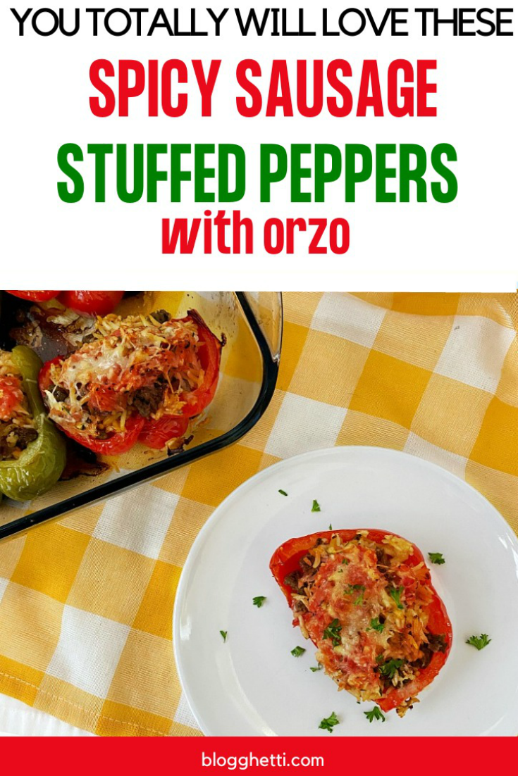 Stuffed peppers with spicy sausage and orzo with text overlay Pin