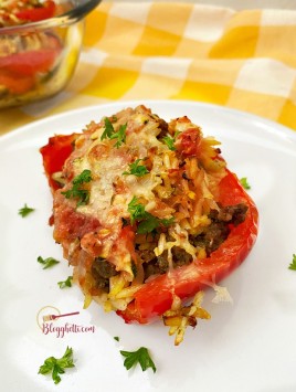 close up of stuffed pepper with spicy sausage