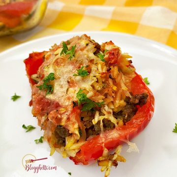 close up of stuffed pepper with spicy sausage