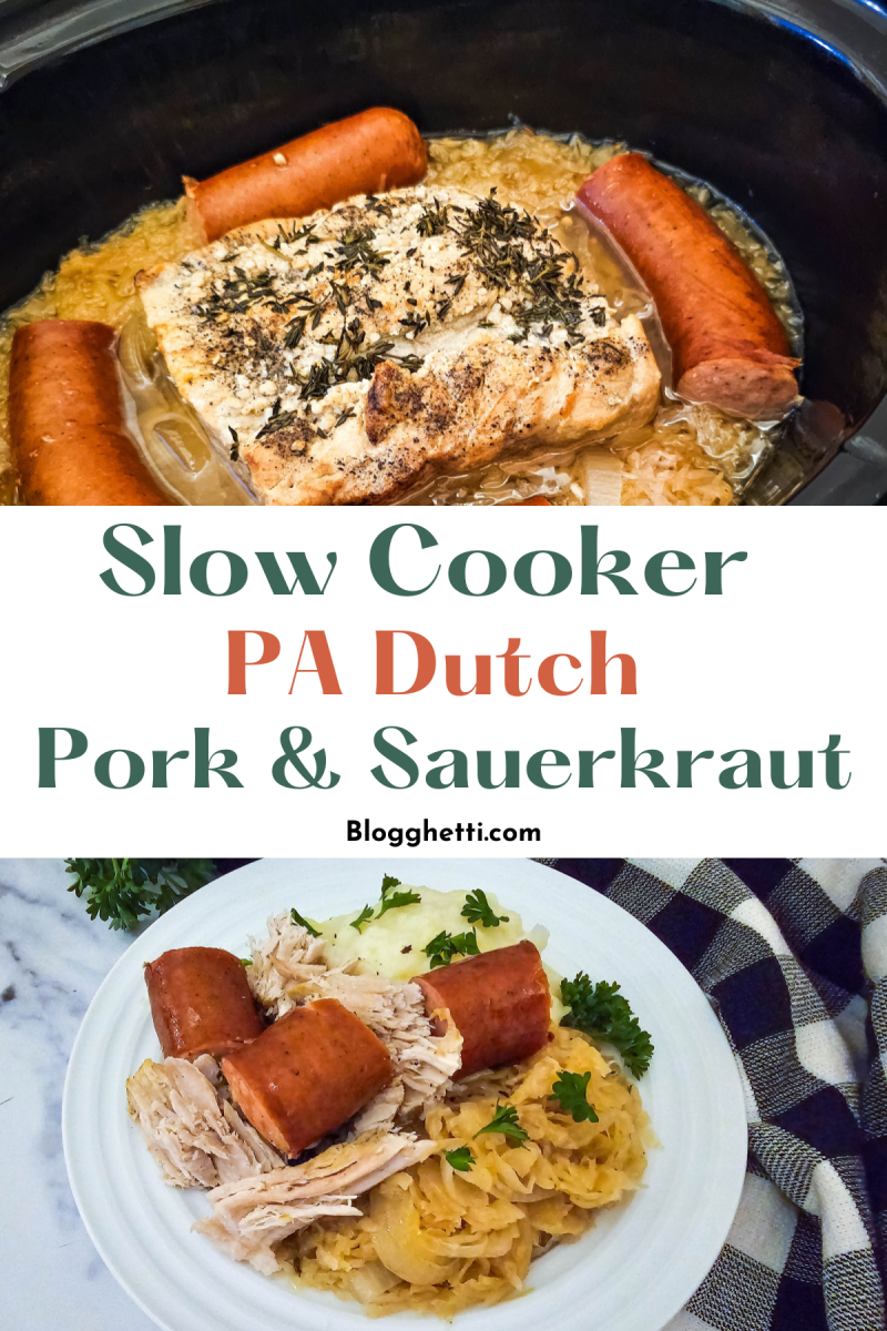 Collage showing a slow cooker with pork, sauerkraut, and kielbasa and also served on a white plate.