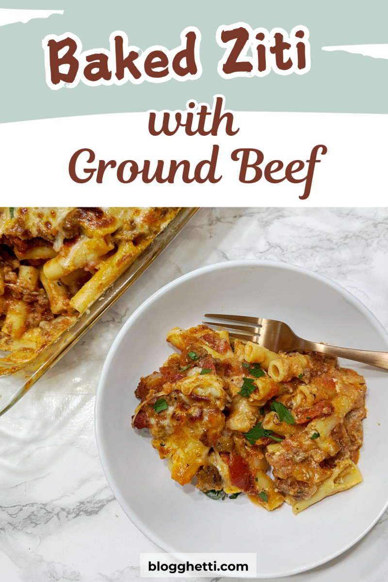 A top-down view of a delicious Baked Ziti with Ground Beef. A white bowl filled with the cheesy pasta dish sits on a marble counter, next to a baking dish with more ziti. A gold fork rests on the bowl, ready to dig in.