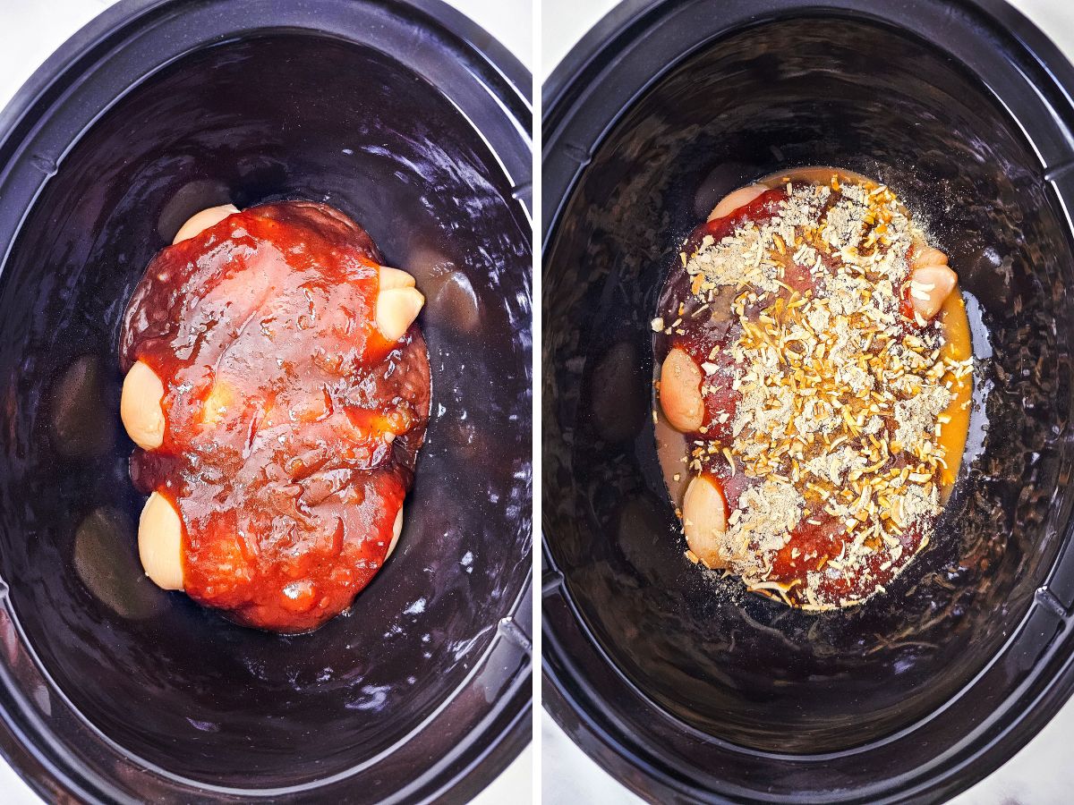 adding chicken and ingredients to slow cooker