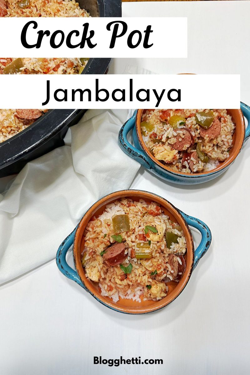 Overhead view of two bowls filled with Crock Pot jambalaya made with sausage, chicken, bell peppers, and rice, placed beside a slow cooker with additional jambalaya. Text overlay reads 'Crock Pot Jambalaya'