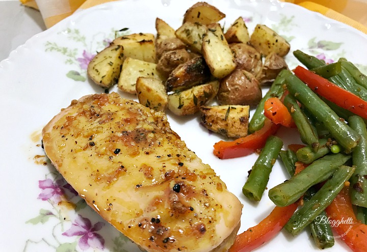 Brown sugar garlic chicken with roasted potatoes and green beans