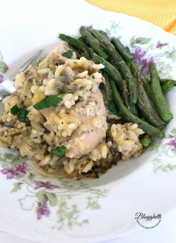 serving of Slow Cooker Creamy Chicken and Wild Rice with green beans