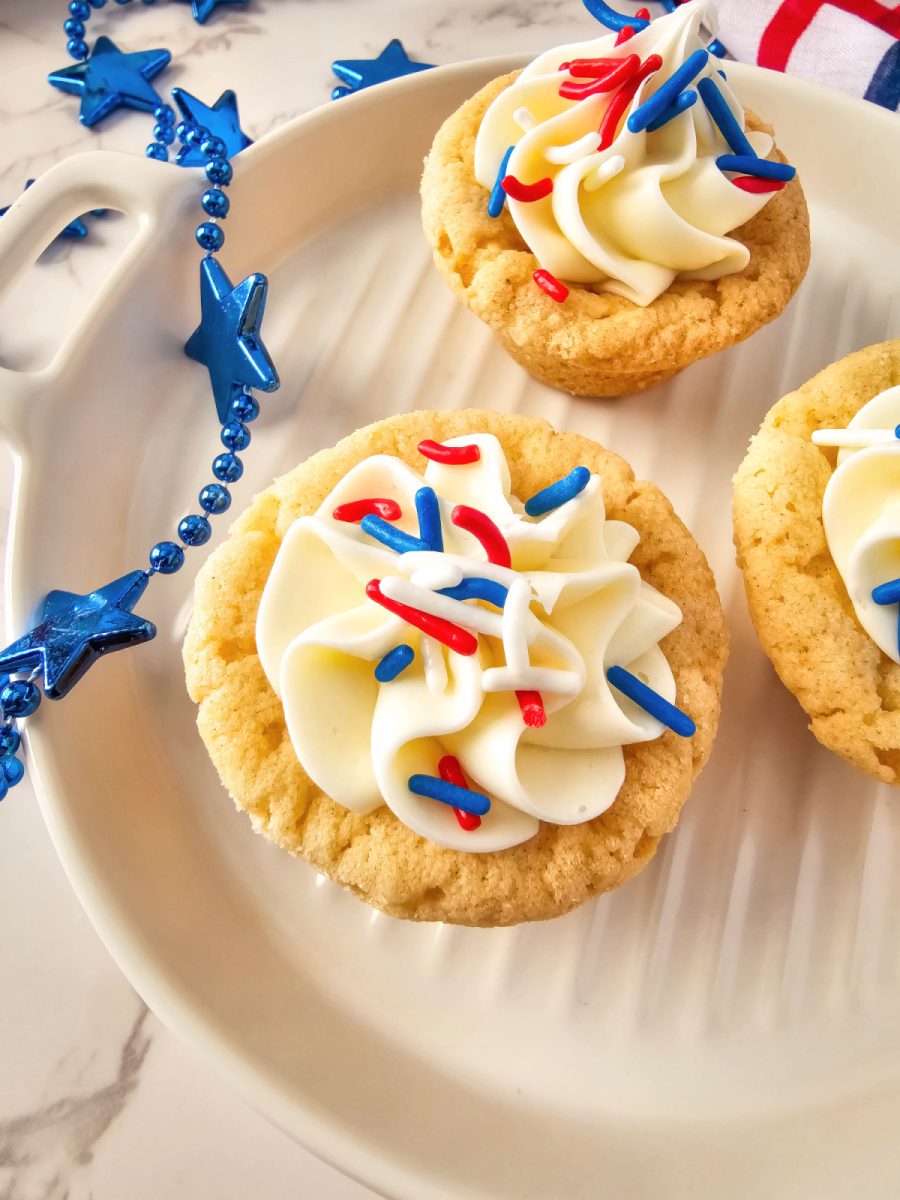 overhead view of 3 sugar cookie cups on plate