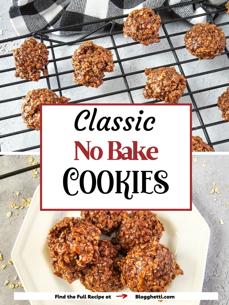 A close-up image of classic no-bake cookies on a white plate and a cooling rack. The cookies are made with oats, peanut butter, and chocolate.