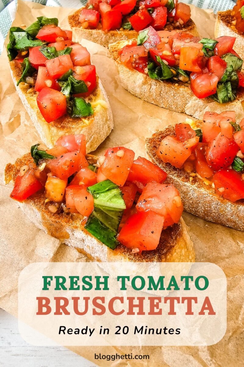Fresh tomato bruschetta with basil, garlic, balsamic, and Parmesan served on toasted baguette slices and ready in 20 minutes.