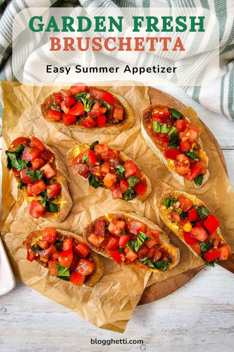 Garden Fresh Bruschetta with fresh tomatoes and basil served over toasted Parmesan baguette slices for an easy summer appetizer.