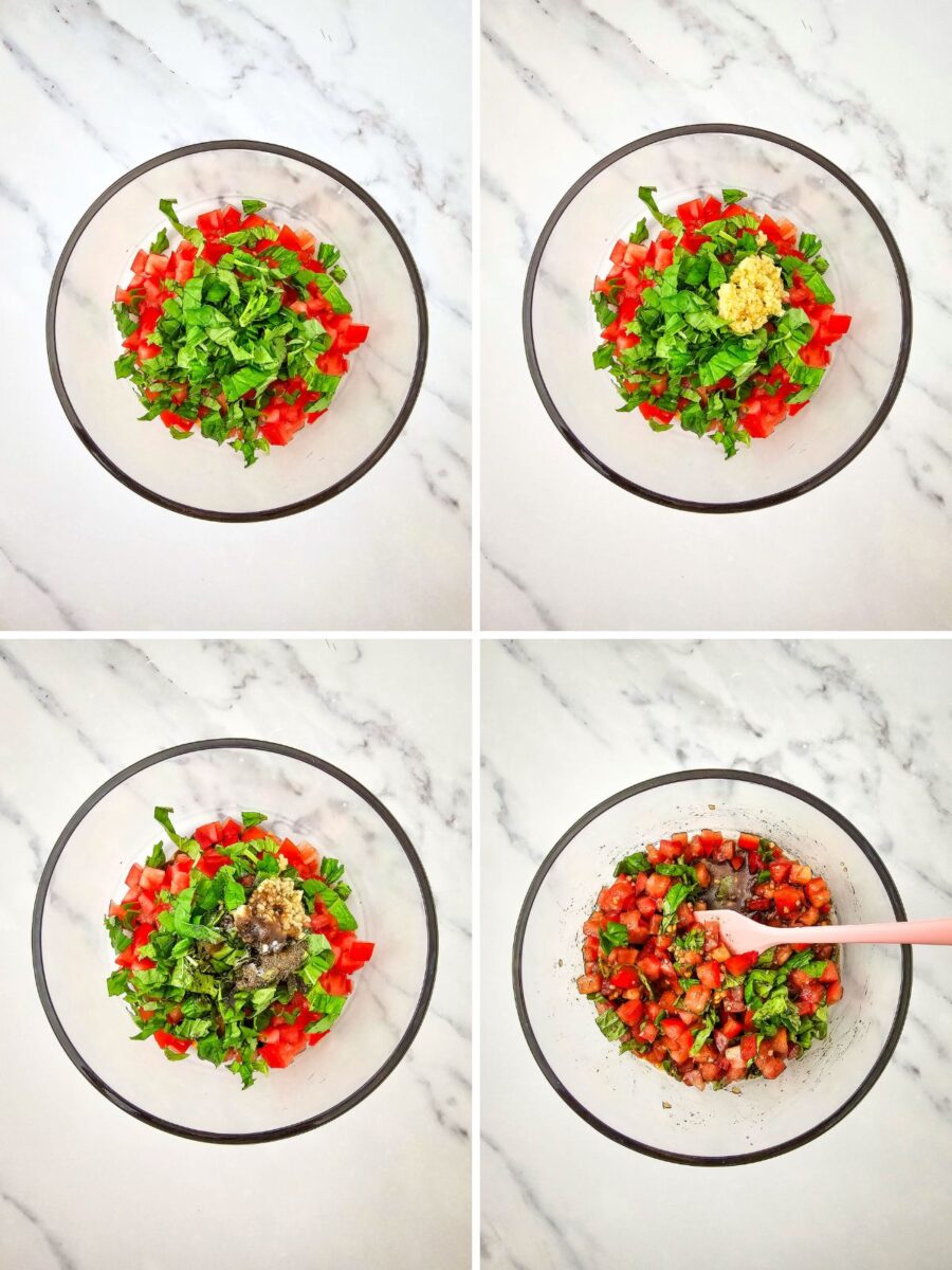 Step-by-step process of mixing diced tomatoes, fresh basil, garlic, olive oil, balsamic vinegar, salt, and pepper to make fresh tomato topping.
