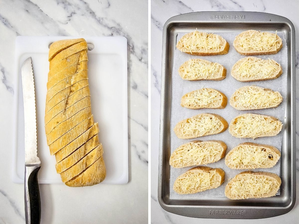 French baguette sliced on an angle and topped with Parmesan cheese before broiling