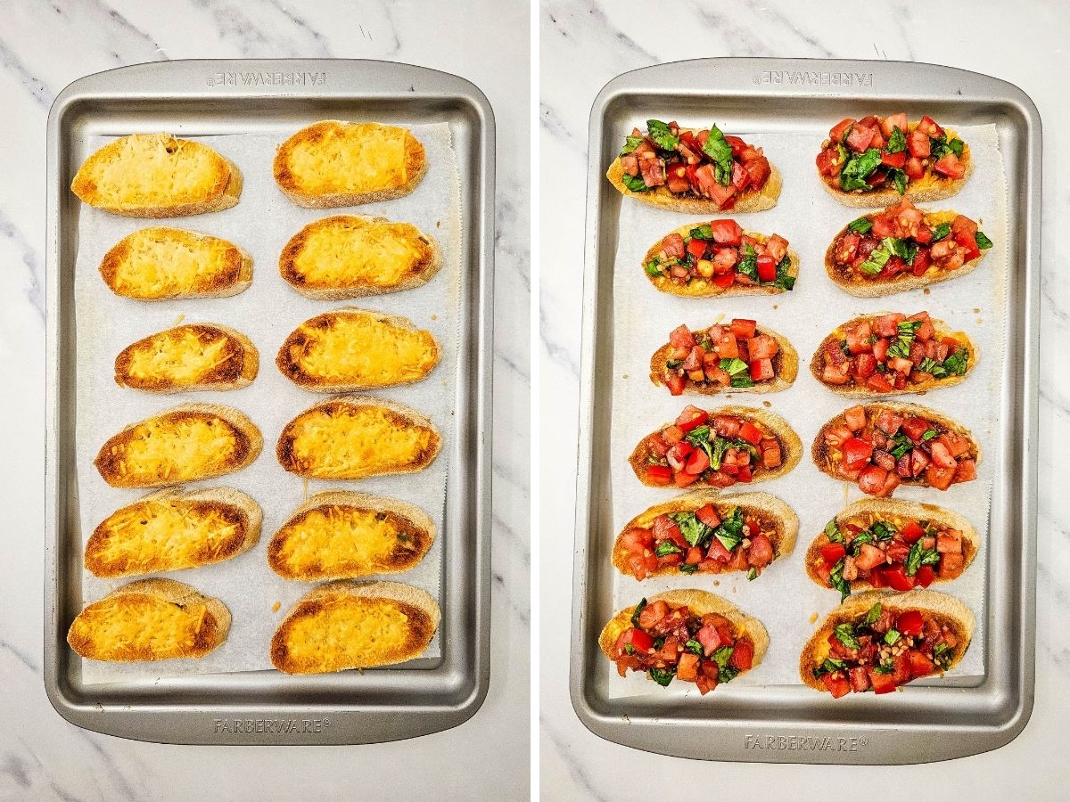 Parmesan toast before and after being topped with fresh tomato bruschetta mixture for Garden Fresh Bruschetta.