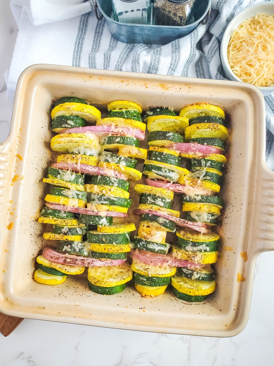 Roasted Zucchini and Squash Bake in casserole dish
