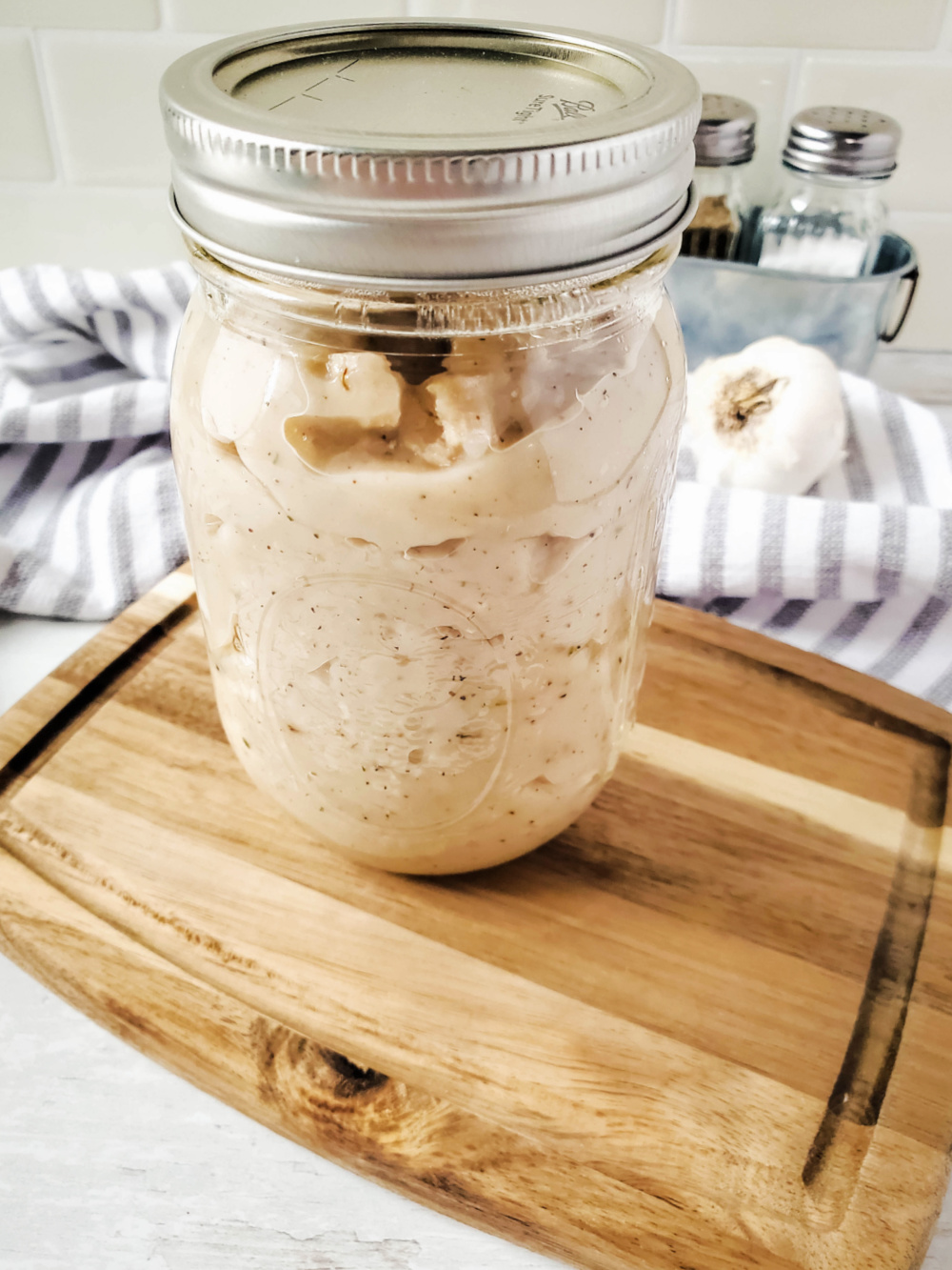 close up of cream of chicken soup condensed in mason jar