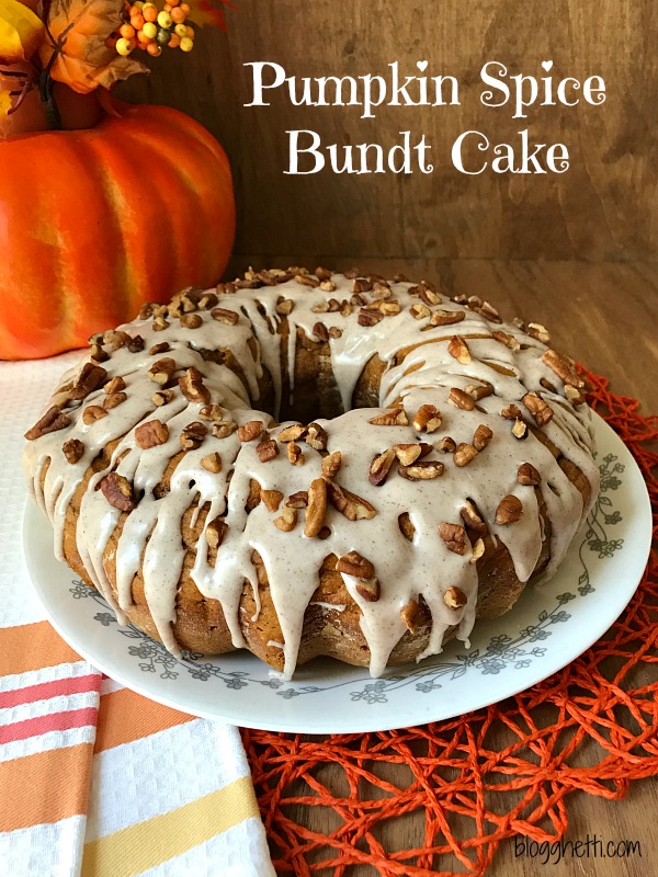 This simple & easy 3 ingredient Pumpkin Spice Bundt Cake is topped with a spiced glaze and chopped pecans.