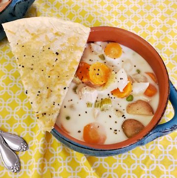 Slow Cooker Chicken Pot Pie Soup with Parmesan Cheese Pie Crust Wedges