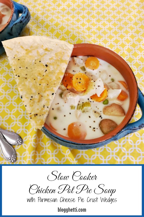Slow Cooker Chicken Pot Pie Soup with Parmesan Cheese Pie Crust Wedges om small blue crocks