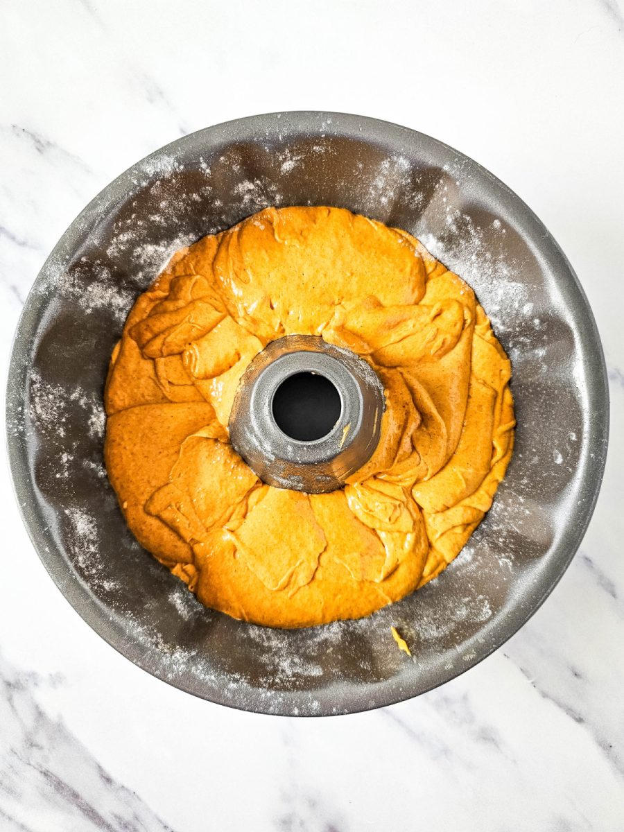 pour cake batter into bundt pan