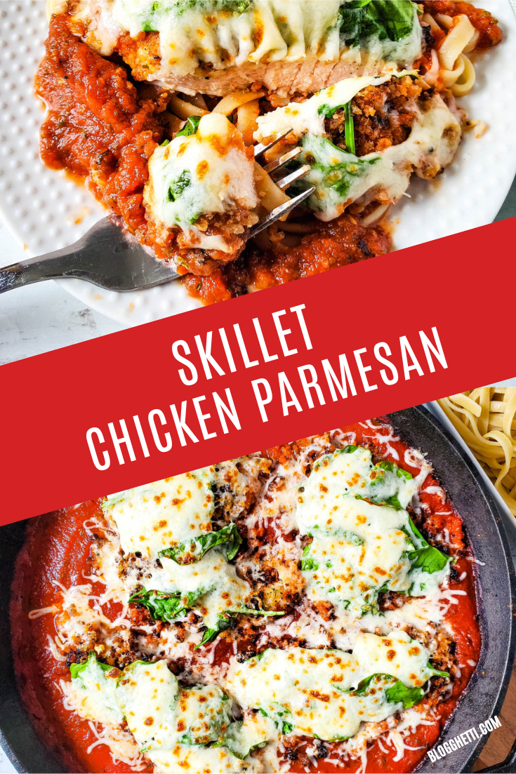 skillet chicken parmesan with text overlay