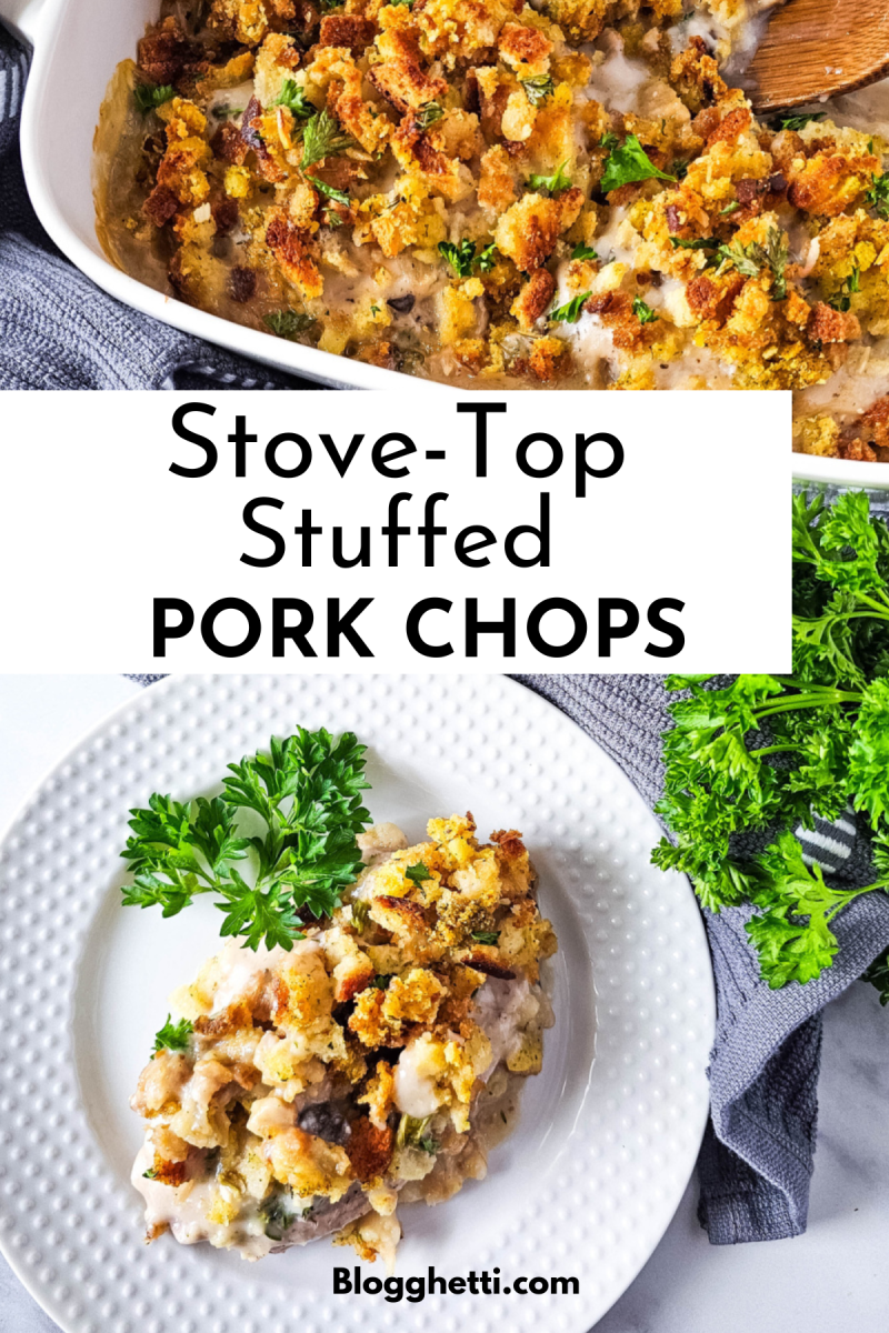 Close-up of stove-top stuffed pork chops in a baking dish with golden-brown stuffing on top, garnished with fresh parsley. A serving is plated on a white dish, paired with vibrant green parsley for decoration. The text overlay reads 'Stove-Top Stuffed Pork Chops,'