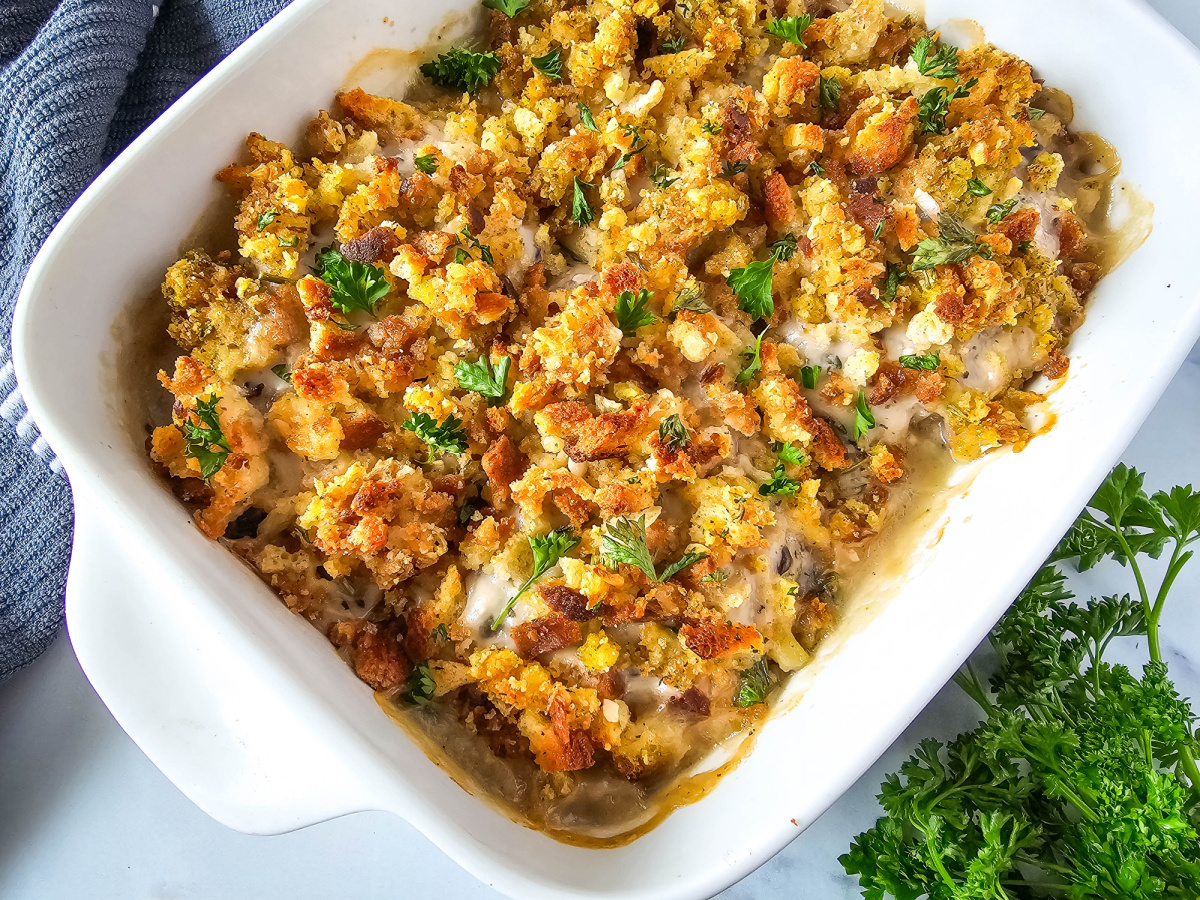 stovetop stuffing and pork chop casserole in white dish