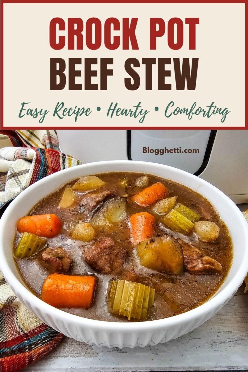 Pinterest graphic for Crock Pot Beef Stew showing a white bowl filled with tender beef, carrots, potatoes, celery, and pearl onions in a rich brown gravy. Text reads “Crock Pot Beef Stew” with “Easy Recipe • Hearty • Comforting.”