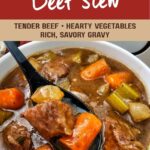 Pinterest graphic for Easy Crock Pot Beef Stew featuring a close-up bowl of beef stew with chunks of beef, carrots, potatoes, celery, and pearl onions in savory gravy. Text highlights “Tender Beef • Hearty Vegetables • Rich, Savory Gravy.”