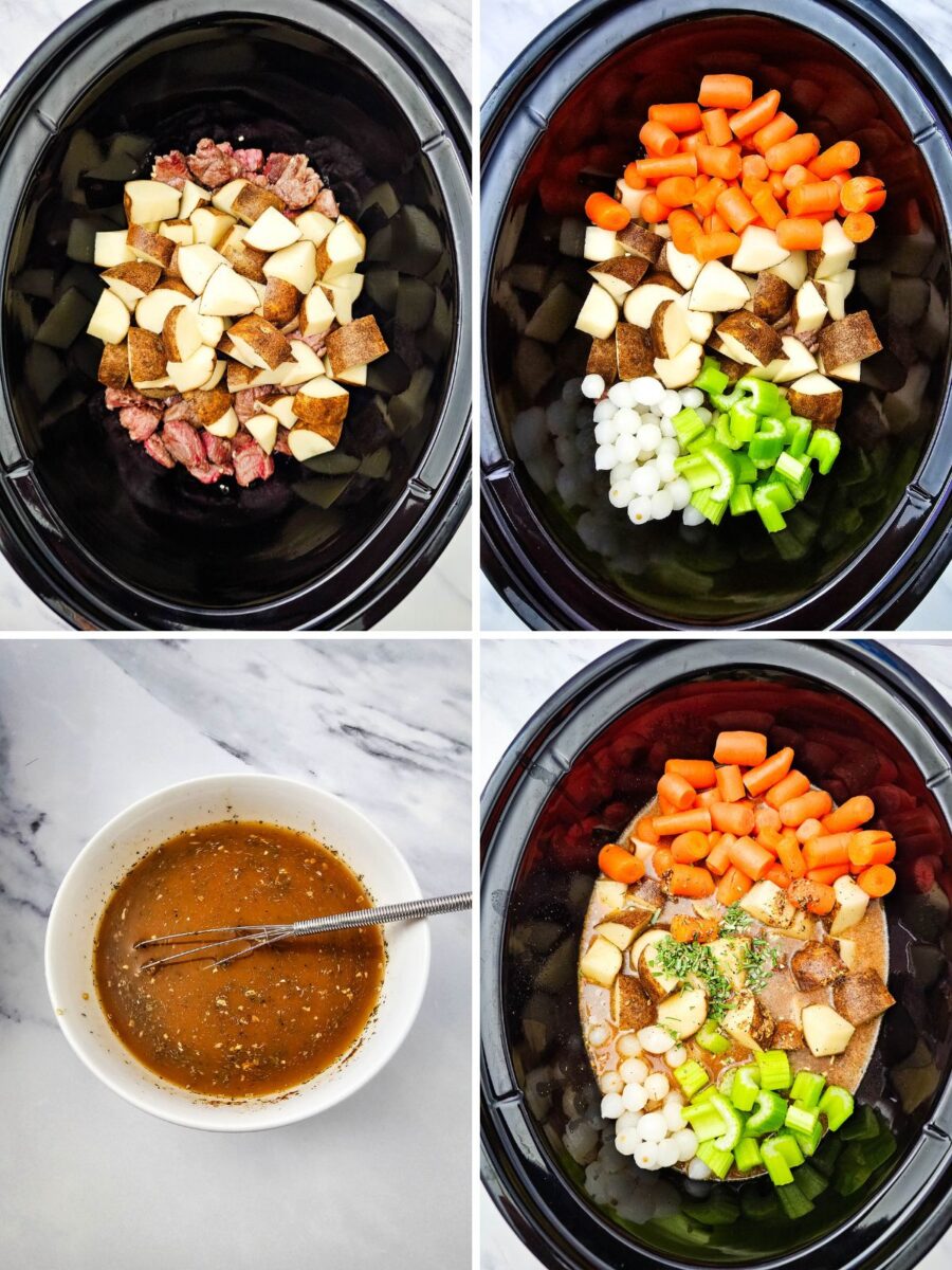 Four-step collage showing browned beef and potatoes added to a slow cooker, followed by carrots, pearl onions, celery, seasoning liquid, and chopped rosemary.