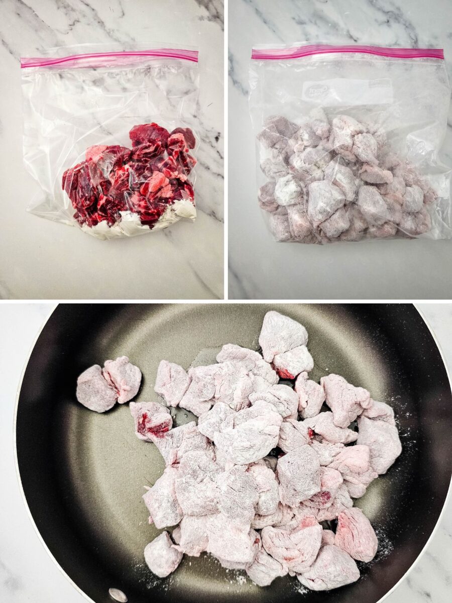 Three-step collage showing raw beef and flour in a resealable bag, flour-coated beef in the bag, and the coated beef pieces browning in a skillet.
